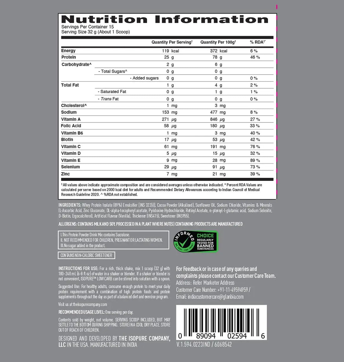 ON Isopure Whey Protein Isolate Powder with Vitamins for Immune Support