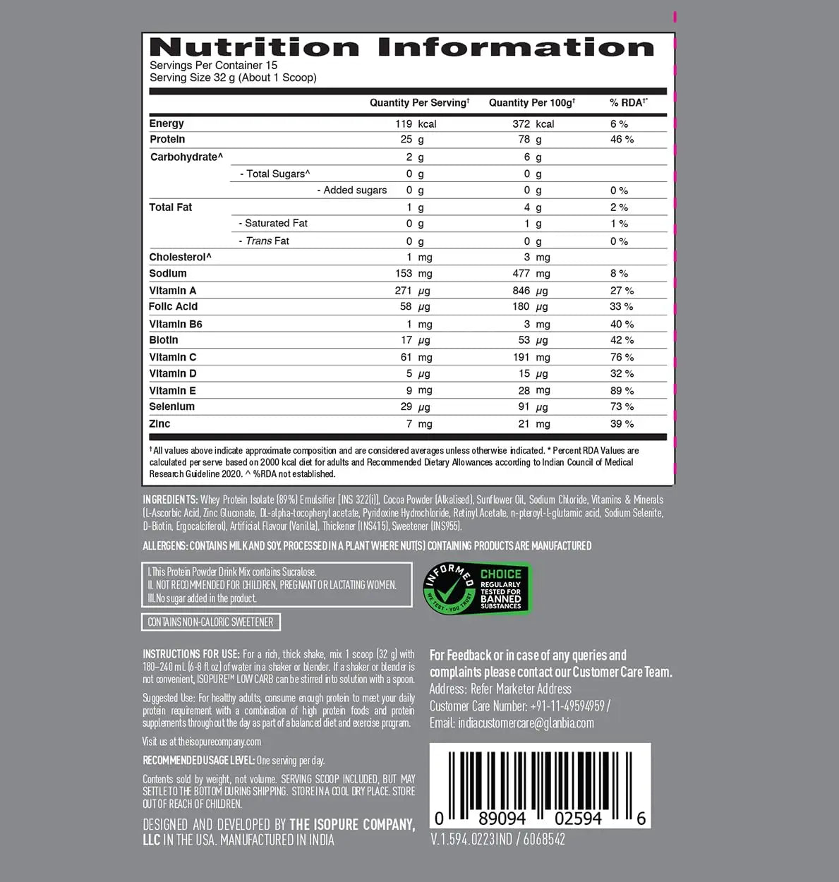 ON Isopure Whey Protein Isolate Powder with Vitamins for Immune Support
