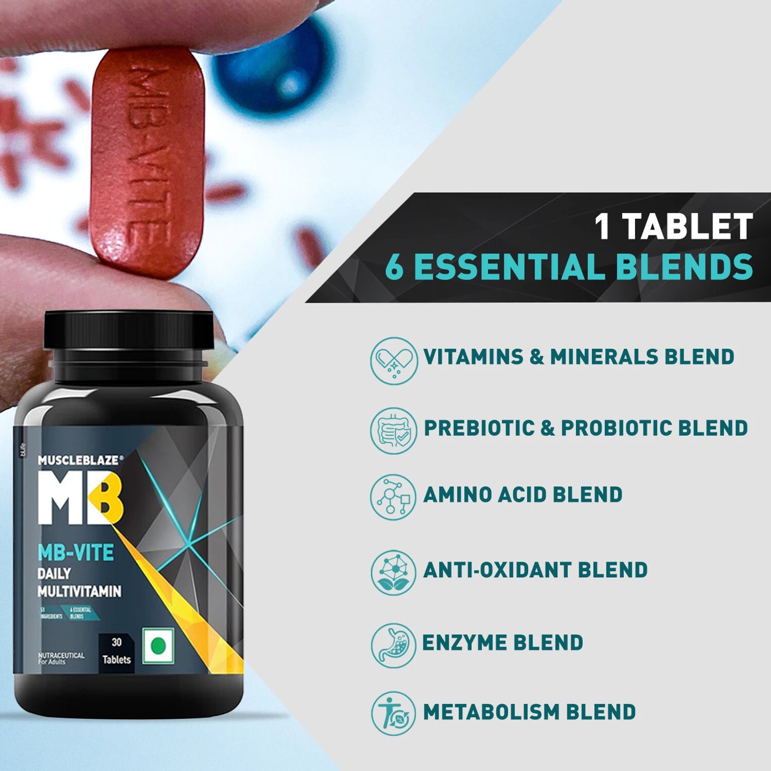 MuscleBlaze MB-VITE Daily Multivitamin, for Enhanced Energy, Stamina & Gut Health